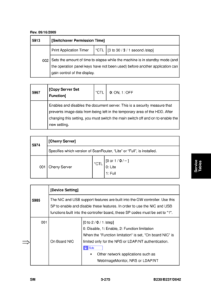 Page 663 
SM 5-275 B230/B237/D042 
Service 
Tables 
5913   [Switchover Permission Time]  
Print Application Timer  *CTL 
[3 to 30 / 3 / 1 second /step] 
002  Sets the amount of time to elapse wh
ile the machine is in standby mode (and 
the operation panel keys have not bee n used) before another application can 
gain control of the display. 
 
5967   [Copy Server Set 
Function]
  *CTL 
 0 : ON, 1: OFF 
  Enables and disables the doc
ument server. This is a security measure that 
prevents image data from being...