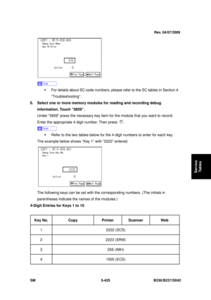 Page 813 
SM 5-425 B230/B237/D042 
Service 
Tables 
 
 
ƒ  For details about SC code numbers, please  refer to the SC tables in Section 4. 
“Troubleshooting”. 
6.  Select one or more memory modules for reading and recording debug  information. Touch “5859”. 
Under “5859” press the necessary key item  for the module that you want to record. 
Enter the appropriate 4-digit number. Then press 
.  
 
ƒ  Refer to the two tables below for t he 4-digit numbers to enter for each key. 
The example below shows “Key 1” with...