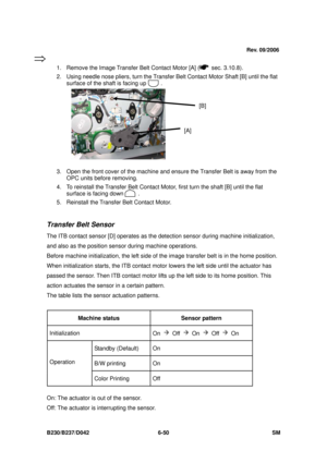 Page 870 
B230/B237/D042 6-50 SM 
 
1.  Remove the Image Transfer Belt Contact Motor [A] (
 sec. 3.10.8). 
2.  Using needle nose pliers, turn  the Transfer Belt Contact Motor Shaft [B] until the flat 
surface of the shaft is facing up          . 
 
3.  Open the front cover of the machine and ens ure the Transfer Belt is away from the 
OPC units before removing. 
4.  To reinstall the Transfer Belt Contact Mo tor, first turn the shaft [B] until the flat 
surface is facing down     . 
5.  Reinstall the Transfer...