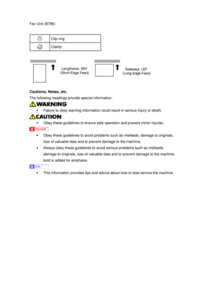 Page 972Fax Unit (B786) 
 
 Clip ring 
 Clamp 
 
 
Cautions, Notes, etc. 
The following headings provide special information: 
 
ƒ  Failure to obey warning information c ould result in serious injury or death. 
 
ƒ  Obey these guidelines to ensure safe  operation and prevent minor injuries. 
 
ƒ  Obey these guidelines to avoid problem s such as misfeeds, damage to originals, 
loss of valuable data and to prevent damage to the machine. 
ƒ  Always obey these guidelines to avoi d serious problems such as misfeeds,...