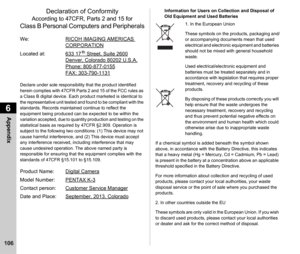 Page 1086Appendix
106
Declaration of Conformity
According to 47CFR, Parts 2 and 15 for
Class B Personal Computers and Peripherals
We:RICOH IMAGING AMERICAS CORPORATION
Located at: 633 17  Street, Suite 2600Denver, Colorado 80202 U.S.A.Phone: 800-877-0155 
FAX: 303-790-1131
Declare under sole responsibility that the product identified 
herein complies with 47CFR Parts 2 and 15 of the FCC rules as 
a Class B digital device. Each product marketed is identical to 
the representative unit tested and found to be...
