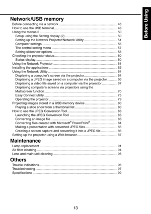 Page 13
13
Before Using
Network/USB memory
Before connecting via a network .................................................................46
How to use the USB terminal  ......................................................................48
Using the menus   ........................................................................\
..............
50
Setup using the Setting display ()  ..........................................................
50
Setting up the Network Projector/Network Utility...