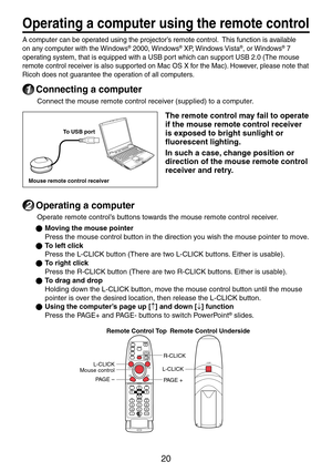 Page 20
0

Operating a computer using the remote control
A computer can be operated using the projector’s remote control.  This function is available 
on any computer with the Windows® 000, Windows® XP, Windows Vista®, or Windows® 7 
operating system, that is equipped with a USB port which can support USB .0 (The mouse 
remote control receiver is also supported on Mac OS X for the Mac). However, please note that 
Ricoh does not guarantee the operation of all computers.
1  Connecting a computer...