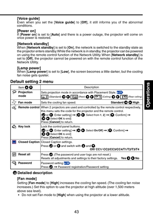 Page 43
43

Operations

[Voice guide]Even  when  you  set  the  [Voice  guide]  to  [Off],  it  still  informs  you  of  the  abnormal conditions.
[Power on]If  [Power  on]  is  set  to  [Auto]  and  there  is  a  power  outage,  the  projector  will  come  on once power is restored.
[Network standby]When [Network standby] is set to [On], the network is switched to the standby state as the projector enters standby. While the network is in standby, the projector can be powered on using the remote control...