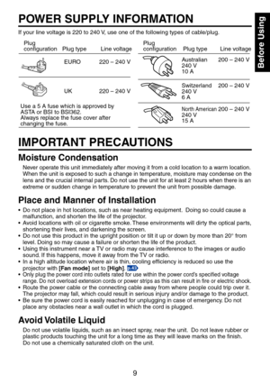 Page 9
9
Before Using

POWER SUPPLY INFORMATION
If your line voltage is 0 to 40 V, use one of the following types of cable/plug.
PlugconfigurationPlug type
Australian40 V10 A
North American40 V15 A
Switzerland40 V6 A
Line voltage
EURO
UK
0 – 40 V
0 – 40 V
00 – 40 V
00 – 40 V
00 – 40 V
PlugconfigurationPlug typeLine voltage
Use a 5 A fuse which is approved by ASTA or BSI to BSI36.Always replace the fuse cover after...