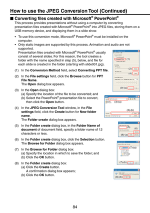 Page 84
84

Converting files created with Microsoft® PowerPoint®
This process provides presentations without using a computer by converting 
presentation files created with Microsoft® PowerPoint® into JPEG files, storing them on a 
USB memory device, and displaying them in a slide show.
To use this conversion mode, Microsoft® PowerPoint® must be installed on the 
computer.
Only static images are supported by this process. Animation and audio are not 
supported.
Presentation files created with Microsoft®...