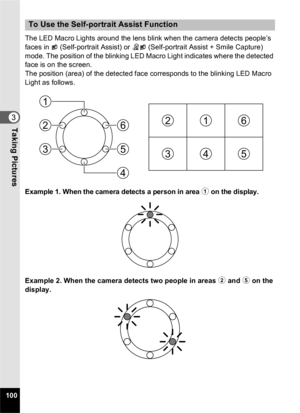Page 102100
3Taking Pictures
The LED Macro Lights around the lens blink when the camera detects people’s 
faces in   (Self-portrait Assist) or J (Self-portrait Assist + Smile Capture) 
mode. The position of the blinking LED Macro Light indicates where the detected 
face is on the screen.
The position (area) of the detected face corresponds to the blinking LED Macro 
Light as follows.
Example 1. When the camera detects a person in area 1  on the display.
Example 2. When the camera detects two people in areas 2...
