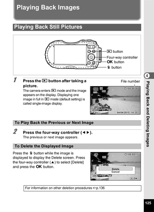 Page 127125
4Playing Back and Deleting Images
Playing Back Images
1Press the Q button after taking a 
picture.
The camera enters Q  mode and the image 
appears on the display. Displaying one 
image in full in  Q mode (default setting) is 
called single-image display.
2Press the four-way controller ( 45).The previous or next image appears.
Press the i button while the image is 
displayed to display the Delete screen. Press 
the four-way controller ( 2) to select [Delete] 
and press the  4 button.
Playing Back...