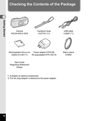 Page 2018
Getting Started1
Checking the Contents of the Package
*1 Available as optional accessories.
*2 The AC plug adapter is attached to the power adapter.Camera
RICOH WG-5 GPS Carabiner strap 
O-ST161 (*1) USB cable
I-USB7 (*1)
Rechargeable lithium-ion  battery D-LI92 (*1) Power adapter D-PA135/ 
AC plug adapter D-PL135 (*2) Macro stand
O-MS2
Start Guide
Regarding Waterproof 
Design
1G etting Started 