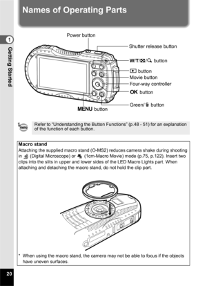 Page 2220
Getting Started1
Names of Operating Parts
Refer to “Understanding the Button Functions” (p.48 - 51) for an explanation 
of the function of each button.
Macro standAttaching the supplied macro stand (O-MS2) reduces camera shake during shooting 
in   (Digital Microscope) or  (1cm-Macro Movie) mode (p.75, p.122). Insert two 
clips into the slits in upper and lower sides of the LED Macro Lights part. When 
attaching and detaching the macro stand, do not hold the clip part.
* When using the macro stand,...