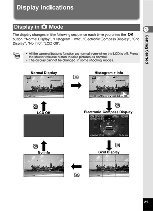 Page 2321
1Getting Started
Display Indications
The display changes in the following sequence each time you press the 4 
button: “Normal Display”, “Histogram + Info”, “Electronic Compass Display”, “Grid 
Display”, “No Info”, “LCD Off”.
Display in  A Mode
• All the camera buttons function as normal even when the LCD is off. Press 
the shutter release button to take pictures as normal.
• The display cannot be changed in some shooting modes.
AWBWB1212M383838ISISO20200ISO200AW B38383812M
36m36m36m36m36m36m
OKOK...