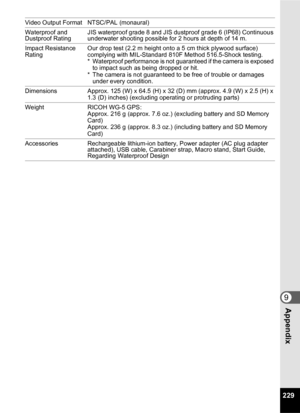 Page 231229
9Appendix
Video Output Format NTSC/PAL (monaural)
Waterproof and 
Dustproof RatingJIS waterproof grade 8 and JIS dustproof grade 6 (IP68) Continuous 
underwater shooting possible for 2 hours at depth of 14 m.
Impact Resistance 
Rating Our drop test (2.2 m height onto a 5 cm thick plywood surface) 
complying with MIL-Standard 810F Method 516.5-Shock testing.
* Waterproof performance is not guaranteed if the camera is exposed 
to impact such as being dropped or hit.
* The camera is not guaranteed to be...