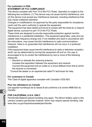 Page 234232
9Appendix
For customers in USA 
STATEMENT OF FCC COMPLIANCE 
This device complies with Part 15 of the FCC Rules. Operation is subject to the 
following two conditions: (1) This device may not cause harmful interference, and 
(2) this device must accept any interference received, including interference that 
may cause undesired operation.
Changes or modifications not approved by the party responsible for compliance 
could void the user’s authority to operate the equipment.
This equipment has been...