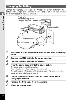 Page 3634
1Getting Started
Connect the supplied power adapter (D-PA135) to the camera and charge the 
battery before using it for the first time or after a long period of non-use, or when 
the [Battery depleted] message appears.
1Make sure that the camera is turned off and open the battery 
cover.
2Connect the USB cable to the power adapter.
3Connect the USB cable to the camera.
4Plug the power adapter into the power outlet. The power lamp blinks while charging.
When charging is finished, the power lamp turns...