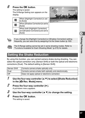 Page 9997
3Taking Pictures
6Press the 4 button.
The setting is saved.
The D-Range Setting icon appears on the 
display.
By using this function, you can correct camera shake during shooting. You can 
select the optical correction only (Sensor Shift) or both the optical and electronic 
corrections (Dual). The default setting is [Sensor Shift].
1Use the four-way controller ( 23) to select [Shake Reduction] 
in the [ A Rec. Mode] menu.
2Press the four-way controller ( 5).A pull-down menu appears.
3Use the four-way...