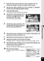 Page 157155
5Editing and Printing
1Enter Q mode and use the four-way controller ( 45) to 
choose the image to which you want to add a frame.
2Use the four-way controller ( 2345) to select  E(Original 
Frame) from the Playback Mode Palette.
3Press the  4 button.
The original frame type selecting screen appears.
4Use the four-way controller ( 23) 
to select an original frame type, 
and press the  4 button.
The frame setting screen appears.
5Use the four-way controller ( 23) 
to select [Frame Type], and press 
the...