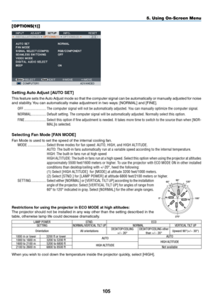 Page 118105
5. Using On-Screen Menu
[OPTIONS(1)]
Setting Aut\f Adjust [AUTO SET]
This	 \beatu\fe	 sets	the	Auto	 Adjust	 mode	so	that	 the	compute\f	 signal	can	be	automatically	 o\f	manually	 adjusted	\bo\f	noise	
and	stability. 	You	can	automatically	make	adjustment	in	two	ways: 	[NORMAL]	and	[FINE].
OFF  ������������������\P������ The computer \fignal\P will not be autom\Patically adju\fted� You can manually opt\Pimize the computer \P\fignal�
\bORMAL  ���������������� Default \fetting� The computer \figna\Pl...