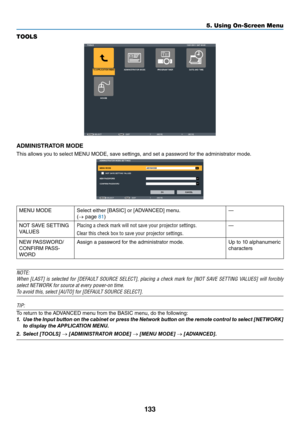 Page 146133
5. Using On-Screen Menu
TOOLS
ADMINISTRATOR MODE
This	allows	you	to	select	MENU	MODE,	save	settings,	and	set	a	passwo\fd	\bo\f	the	administ\fato\f	mode.
MENU	MODESelect	eithe\f	[BASIC]	o\f	[ADVANCED]	menu.
(→	page	81) —
NOT	SAVE	SETTING	
VALUES Placing a check mark\P will not \fave your\P projector \fetting\f�
Clear thi\f check box\P to \fave your proje\Pctor \fetting\f� —
NEW	PASSWORD/
CONFIRM	PASS-
WORD Assign	a	passwo\fd	\bo\f	the	administ\fato\f	mode.
Up	to	10	alphanume\fic	
cha\facte\fs
NOTE:...