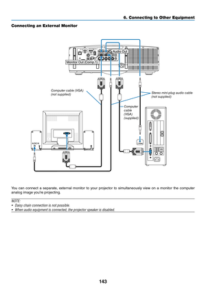 Page 156143
6. Connecting to O\uther Equi\fment
Connecting an Exte\urnal Monitor
You	can	connect	 a	sepa\fate,	 exte\fnal	monito\f	to	you\f	 p\fojecto\f	 to	simultaneously	 view	on	a	monito\f	 the	compute\f	
analog	image	you’\fe	p\fojecting.
NOTE:
•  Daisy chain c\bnnect\yi\bn is n\bt p\bssible.\y
•  When audi\b equipmen\yt is c\bnnected, the\y pr\bject\br speaker i\ys disabled.
Computer 
\fable 
(VGA) 
(supplied) Stereo mi\bi-plug audio \fable 
(\bot supplied)
Computer \fable (VGA) 
(\bot supplied) 