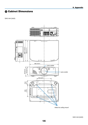 Page 199186
9. A\f\fendix
499 (19.6)250 (9.8)
164 (6.5)144 (5.7)
78.6
(3.1)
200
(7.9) 359 (14.1)
368.1 (14.5)
4 Ca\binet Dimensions\u
Le\bs \fe\bter
Le\bs \fe\bter
Holes for \feili\bg mou\bt
Unit: 	mm	(inch)
Unit:	mm	(inch) 