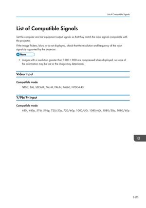 Page 171List of Compatible Signals
Set the computer and AV equipment output signals so that they match the input signals compatible with
the projector.
If the image flickers, blurs, or is not displayed, check that the resolution and frequency of the input
signals is supported by the projector.
• Images with a resolution greater than 1280 × 800 are compressed when displayed, so some of the information may be lost or the image may deteriorate.
Video Input
Compatible mode NTSC, PAL, SECAM, PAL-M, PAL-N, PAL60,...