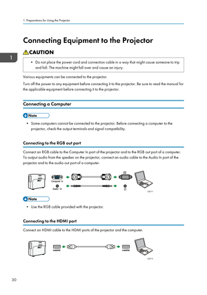 Page 32Connecting Equipment to the Projector• Do not place the power cord and connection cable in a way that might cause someone to tripand fall. The machine might fall over and cause an injury.
Various equipments can be connected to the projector.
Turn off the power to any equipment before connecting it to the projector. Be sure to read the manual for
the applicable equipment before connecting it to the projector.
Connecting a Computer
• Some computers cannot be connected to the projector. Before connecting a...