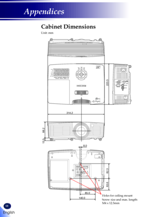 Page 6058
English
Appendices
Cabinet Dimensions
Unit: mm
1
5
6
11
15 10
314.2
88.2
223.5
63.6
82.3 13.5
85.0
8.0
140.0Holes for ceiling mount
Screw size and max. length:  M4 x 12.5mm     