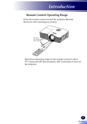 Page 2725
Remote Control Operating Range
Point the remote control toward the projector (Remote 
Receiver) when pressing any button.
Maximum operating range for the remote control is about 
19.7’ (6m) and ±30° (horizontally), ±20° (vertically) in front of 
the projector.
19.7’ (6m) ±30° (horizontally),  ±20° (vertically)
English 
English
Introduction
English   