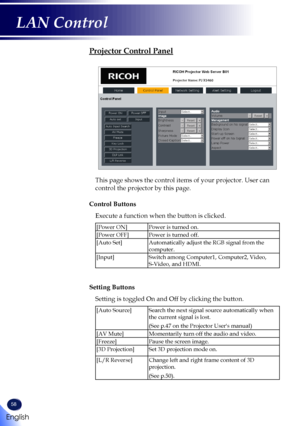 Page 6058
Projector Control Panel
This page shows the control items of your projector. User can 
control the projector by this page.
Control Buttons
Execute a function when the button is clicked.
[Power ON]Power is turned on.
[Power OFF]Power is turned off.
[Auto Set]Automatically adjust the RGB signal from the computer.
[Input]Switch among Computer1, Computer2, Video, S-Video, and HDMI.
Setting Buttons
Setting is toggled On and Off by clicking the button.
[Auto Source]Search the next signal source...
