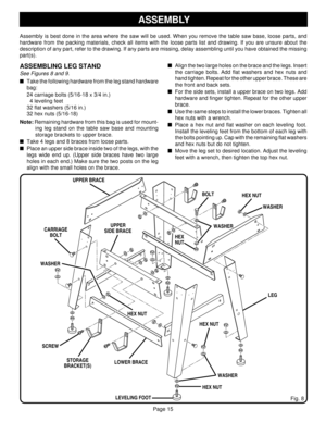Page 15Page 15
ASSEMBLY
Assembly is best done in the area where the saw will be used. When you remove the table saw base, loose parts, and
hardware from the packing materials, check all items with the loose parts list and drawing. If you are unsure about the
description of any part, refer to the drawing. If any parts are missing, delay assembling until you have obtained the missing
part(s).
ASSEMBLING LEG STAND
See Figures 8 and 9.
Take the following hardware from the leg stand hardware
bag:
24 carriage bolts...