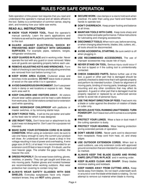 Page 4Page 4 Safe operation of this power tool requires that you read and
understand this operators manual and all labels affixed to
the tool. Safety is a combination of common sense, staying
alert, and knowing how your table saw works.
READ ALL INSTRUCTIONS
KNOW YOUR POWER TOOL. Read the operators
manual carefully. Learn the saws applications and
limitations as well as the specific potential hazards related
to this tool.
GUARD AGAINST ELECTRICAL SHOCK BY
PREVENTING BODY CONTACT WITH GROUNDED
SURFACES. For...