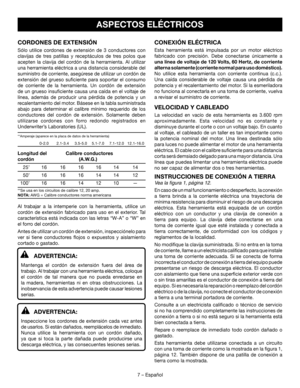 Page 277 – Español
CONEXIÓN ELÉCTRICA
Esta herramienta está impulsada por un motor eléctrico 
fabricado con precisión. Debe conectarse únicamente a 
una línea de voltaje de 120 Volts, 60 Hertz, de corriente 
alterna solamente (corriente normal para uso doméstico). 
No utilice esta herramienta con corriente continua (c.c.). 
Una caída considerable de voltaje causa una pérdida de 
potencia y el recalentamiento del motor. Si la esmeriladora 
no funciona al conectarla en una toma de corriente, vuelva 
a revisar el...