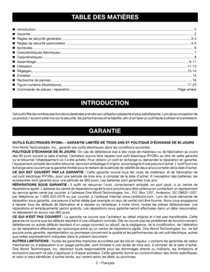 Page 172 – Français
	
Introduction
 ........................................................................\
........................................................................\
.....................2
	 Garantie
 ........................................................................\
........................................................................\
...........................2
	 Règles de sécurité générales
 ........................................................................\...