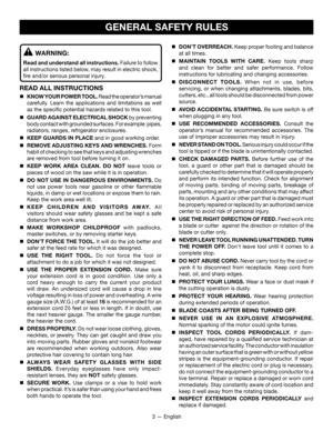 Page 33 — English
GENERAL SAFETY RULES
WARNING: 
Read and understand all instructions. Failure to follow 
all instructions listed below, may result in electric shock, 
fire and/or serious personal injury.
READ ALL INSTRUCTIONS
 KNOW YOUR P OWER TOOL. Read the operator’s manual 
carefully. Learn the applications and limitations as well 
as the specific potential hazards related to this tool.

 GUARD AGAINST ELECTRICAL SHOCK  by preventing 
body contact with grounded surfaces. For example: pipes, 
radiators,...