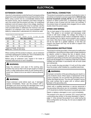 Page 77 — English
ELECTRICAL CONNECTION
This product is powered by a precision-built electric motor. It 
should be connected to a power supply that is 120 V, AC only  
(normal household current), 60 Hz.  Do not operate this 
product on direct current (DC). A substantial voltage drop 
will cause a loss of power and the motor will overheat. If 
the product does not operate when plugged into an outlet, 
double check the power supply.
SPEED AND WIRING
The no-load speed of this product is approximately 2,500 
sfpm....