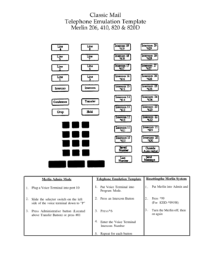 Page 19Classic Mail
Telephone Emulation Template
Merlin 206, 410, 820 & 820D
Merlin Admin ModeTelephone Emulation TemplateResettingthe Merlin System
1.
2.
3.1.
2.
3.
4.
5.Put Voice Terminal intoProgram Mode.
Press an Intercom Button
1.
2.
3.Put Merlin into Admin andPlug a Voice Terminal into port 10
Press *99
(For 820D-*99198)Slide the selector switch on the left
side of the voice terminal down to P
Turn the Merlin off, then
on againPress*6
Press Administrative button (Located
above Transfer Button) or press...