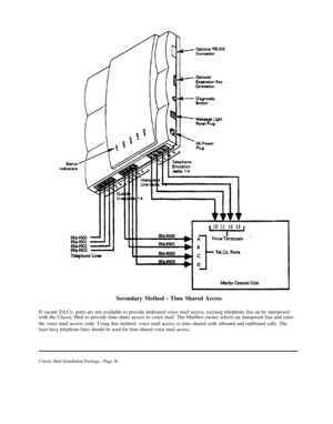 Page 26Secondary Method - Time Shared Access
If vacant Tel.Co. ports are not available to provide dedicated voice rnail access, existing telephone line an be interposed
with the Classic Mail to provide time-share access to voice mail. The Mailbox owner selects an interposed line and enter
the voice mail access code. Using this method, voice mail access is time-shared with inbound and outbound calls. The
least busy telephone lines should be used for time-shared voice mail access.
Classic Mail Installation...