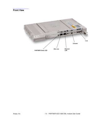 Page 15Avaya, Inc. - 14 - PARTNER ACS 1600 DSL module User Guide
Front View
DSL LineEthernet
LAN
Console
V.35
PARTNER Power LED 