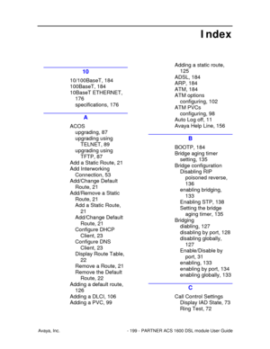 Page 200Avaya, Inc. - 199 - PARTNER ACS 1600 DSL module User Guide
Index
10
10/100BaseT, 184
100BaseT, 184
10BaseT ETHERNET,
176
specifications, 176
A
ACOS
upgrading, 87
upgrading using
TELNET, 89
upgrading using
TFTP, 87
Add a Static Route, 21
Add Interworking
Connection, 53
Add/Change Default
Route, 21
Add/Remove a Static
Route, 21
Add a Static Route,
21
Add/Change Default
Route, 21
Configure DHCP
Client, 23
Configure DNS
Client, 23
Display Route Table,
22
Remove a Route, 21
Remove the Default
Route, 22
Adding...