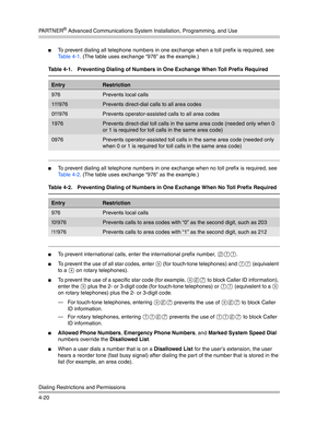 Page 106PA R T N E R® Advanced Communications System Installation, Programming, and Use
Dialing Restrictions and Permissions
4-20
To prevent dialing all telephone numbers in one exchange when a toll prefix is required, see 
Ta b l e 4 - 1. (The table uses exchange “976” as the example.)
To prevent dialing all telephone numbers in one exchange when no toll prefix is required, see 
Ta b l e 4 - 2. (The table uses exchange “976” as the example.)
To prevent international calls, enter the international prefix...