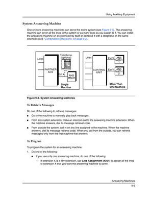 Page 289Using Auxiliary Equipment
Answering Machines
9-5
System Answering Machine
One or more answering machines can serve the entire system (see Figure 9-3). The answering 
machine can cover all the lines in the system or as many lines as you assign to it. You can install 
the answering machine on an extension by itself or combine it with a telephone on the same 
extension (see “Combination Extensions” on page 9-2).
Figure 9-3.  System Answering Machines
To Retrieve Messages
Do one of the following to retrieve...