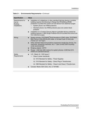 Page 31Installation
Evaluating the Environment
2-3
SpecificationVa l u e
Requirements for 
Out-of-
Building 
InstallationsInstallation of a telephone or other standard (tip/ring) device in another 
building requires the following In-Range-Out-Of-Building (IROB) 
protectors to protect the control unit and device from electrical surges:
– System phone: two IROB protectors
– Standard phone: two IROB protectors plus one carbon block 
protector
Installation of a Contact Closure Adjunct controlled device outside...