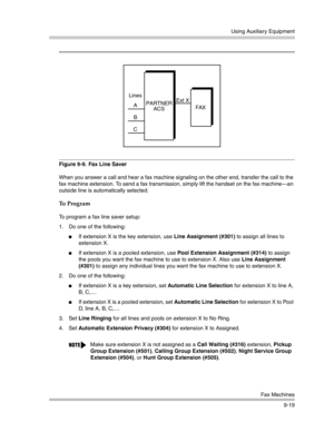 Page 303Using Auxiliary Equipment
Fax Machines
9-19
Figure 9-9.  Fax Line Saver
When you answer a call and hear a fax machine signaling on the other end, transfer the call to the 
fax machine extension. To send a fax transmission, simply lift the handset on the fax machine–an 
outside line is automatically selected.
To Program
To program a fax line saver setup:
1. Do one of the following:
If extension X is the key extension, use Line Assignment (#301) to assign all lines to 
extension X.
If extension X is a...