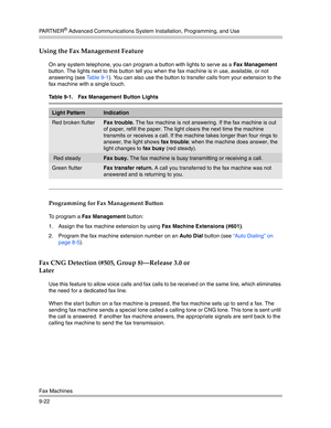 Page 306PA R T N E R® Advanced Communications System Installation, Programming, and Use
Fax Machines
9-22
Using the Fax Management Feature
On any system telephone, you can program a button with lights to serve as a Fax Management 
button. The lights next to this button tell you when the fax machine is in use, available, or not 
answering (see Ta b l e 9 - 1). You can also use the button to transfer calls from your extension to the 
fax machine with a single touch.
Programming for Fax Management Button
To program...