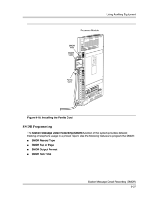 Page 321Using Auxiliary Equipment
Station Message Detail Recording (SMDR)
9-37
Figure 9-18. Installing the Ferrite Cord
SMDR Programming
The Station Message Detail Recording (SMDR) function of the system provides detailed 
tracking of telephone usage in a printed report. Use the following features to program the SMDR:
SMDR Record Type 
SMDR Top of Page 
SMDR Output Format 
SMDR Talk Time 
Processor Module 