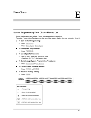 Page 405E-1
E
Flow Charts
System Programming Flow Chart–How to Use
To use the following sets of Flow Charts, follow these instructions first:
Place the Programming Overlay on the dial pad of the system display phone at extension 10 or 11.
To Start System Programming: 
– Press 
f00 
– Press 
s s 
To End System Programming: 
– Press 
f00 
To Use a Specific Procedure: 
– Dial 
# and a three-digit procedure code.
(Example: 
#101 for System Date) 
To Cycle through System Programming Procedures: 
– Press 
N or P...