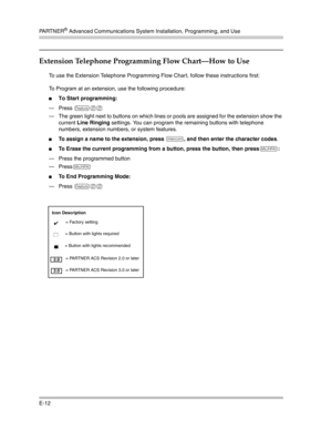 Page 416PA R T N E R® Advanced Communications System Installation, Programming, and Use
E-12
Extension Telephone Programming Flow Chart–How to Use
To use the Extension Telephone Programming Flow Chart, follow these instructions first:
To Program at an extension, use the following procedure:
To Start programming: 
– Press 
f00 
– The green light next to buttons on which lines or pools are assigned for the extension show the 
current Line Ringing settings. You can program the remaining buttons with telephone...