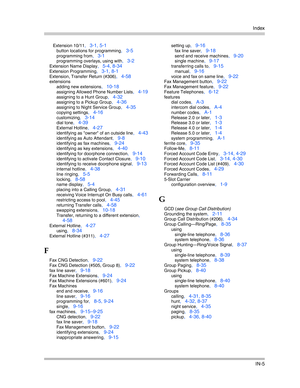 Page 423Index
IN-5
Extension 10/11, 3-1, 5-1
button locations for programming, 3-5
programming from, 3-1
programming overlays, using with, 3-2
Extension Name Display, 5-4, 8-34
Extension Programming, 3-1, 8-1
Extension, Transfer Return (#306), 4-58
extensions
adding new extensions
, 10-18
assigning Allowed Phone Number Lists, 4-19
assigning to a Hunt Group, 4-32
assigning to a Pickup Group, 4-36
assigning to Night Service Group, 4-35
copying settings, 4-16
customizing, 3-14
dial tone, 4-39
External Hotline,...