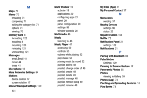 Page 136131
M
Maps70
Memo70
browsing 71
composing 71
editing the category list 71
options 71
viewing 70
Memory Card8
formatting 122
installing 8
mounting 120
removing 121
unmounting 121
Messages
email,Email 41
Gmail 44
types 41
Microphone12
More Networks Settings94
Motions
device control 17
screen rotation 17
Mouse/Trackpad Settings109Multi Window19
activate 19
applications 20
configuring apps 21
panel 20
panel configuration 20
settings 99
window controls 20
Multimedia46
Music
listening to 46
Music Player47...