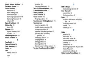 Page 138133 Smart Screen Settings110
Software Update127
Sound Settings
feedback 97
more settings 98
notifications 97
Samsung Applications 98
Samsung Keyboard 98
volume 97
Speech Settings108
Status Bar23
icons 23
Storage120
device memory 120
SD card 120
Sweeping Gesture18
Swipe Gesture16
T
Tag Buddy61
Taking Photos54
Task Manager27
Tasks65
Text
editing tools 31entering 28
Samsung keyboard 29
Text-To-Speech Options109
3.5mm Headset Jack11
Tilting Gesture17
Touch Gesture16
Touch Screen16
finger guestures 16...